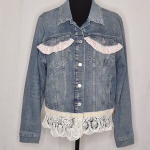 Lucky Brand Customized Pearls and Lace Denim Jacket - Size XL